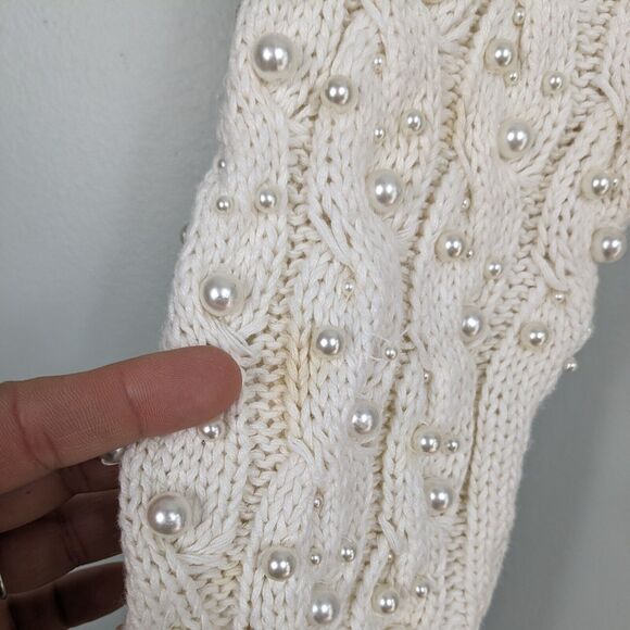 Vintage 90s Sweater Cable Knit Pearl Cropped Off White Coquette Feminine M - Picture 9 of 13